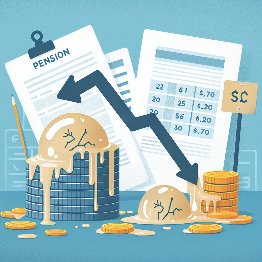 אינפוגרפיקה המציגה גרף קו יורד לצד ערימת מטבעות ממוסה על רקע מסמכי פנסיה, להמחשת ההשפעה של דמי ניהול פנסיה גבוהים על קרנות פנסיה