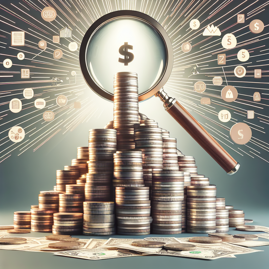 הר של מטבעות ושטרות עם זכוכית מגדלת מעליו, סמלים של מסמכים וחסכון ברקע, להמחשת איתור חסכונות ופנסיה נשכחת בעזרת הר הכסף