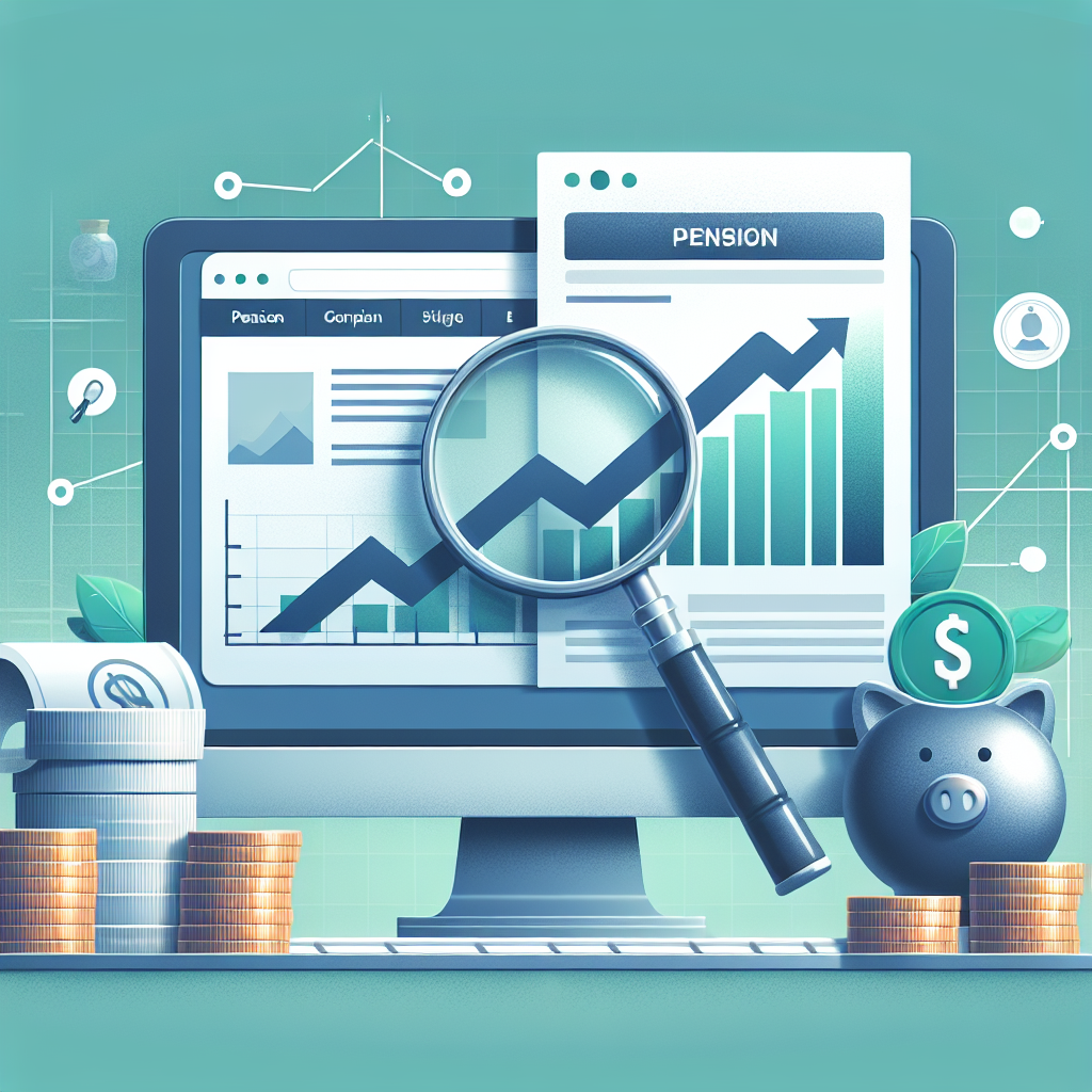 אילוסטרציה של מסך מחשב עם אתר פיננסי פתוח, מסמכים וגרף פיננסי, סמלים של קרן פנסיה והר הכסף, המסמלים איתור כסף אבוד ובחירה נבונה של קרנות פנסיה ופוליסות חיסכון