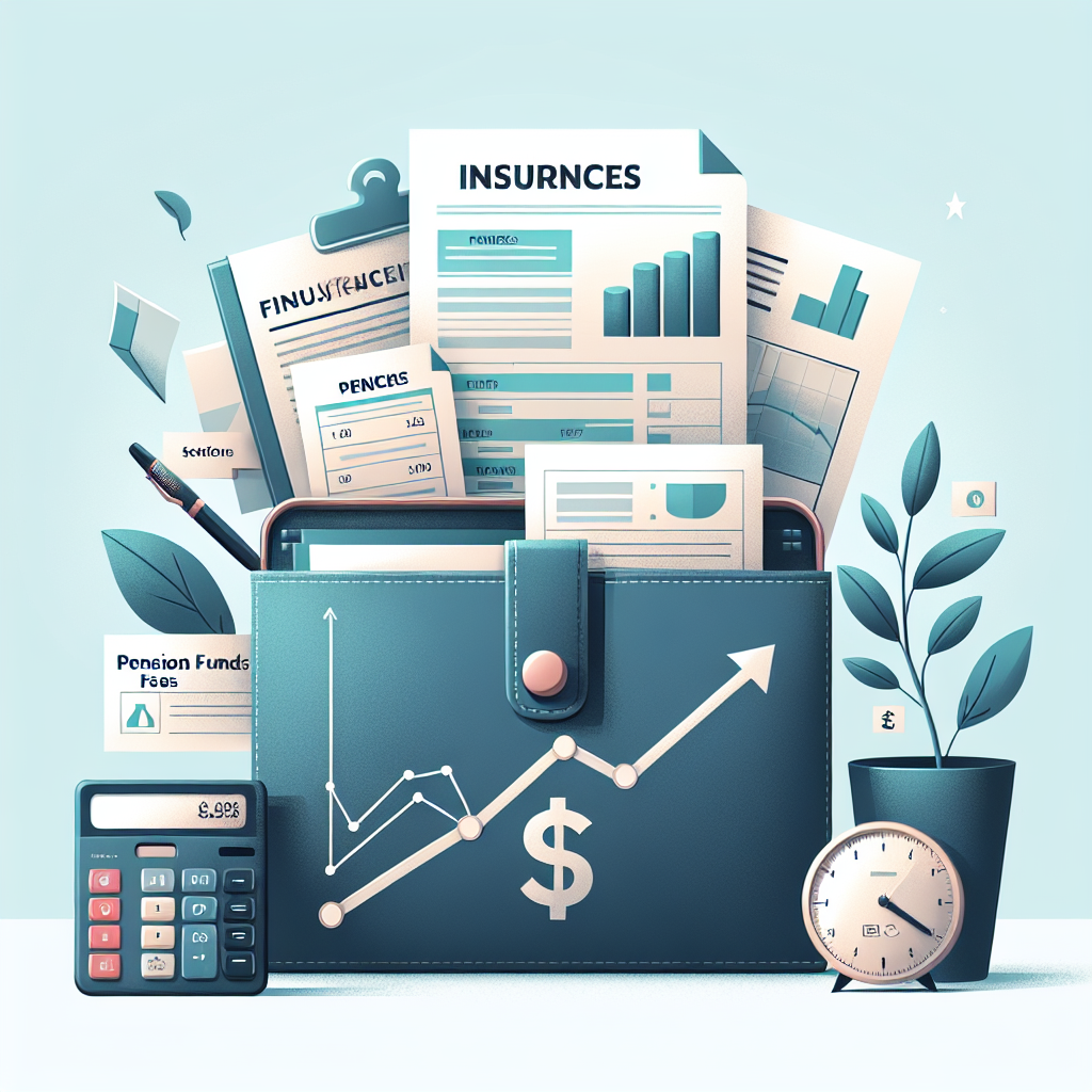 איור של תיק מסמכים פתוח עם טופסי ביטוח, גרף תכנון פיננסי, ומחשבון ליד ניירות עם כיתוב קרנות פנסיה ודמי ניהול – מתאים למאמר מדריך למתחילים על ביטוח פנסיה ודמי ניהול.