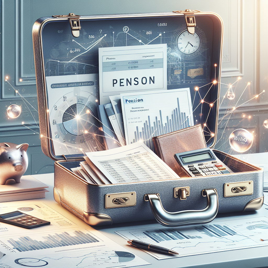 מסמכי חישוב פנסיה ודמי ניהול לצד מחשבון ותווית 'פנסיה' על שולחן משרדי, מסמלים תכנון פיננסי נכון לבחירת קרנות פנסיה.