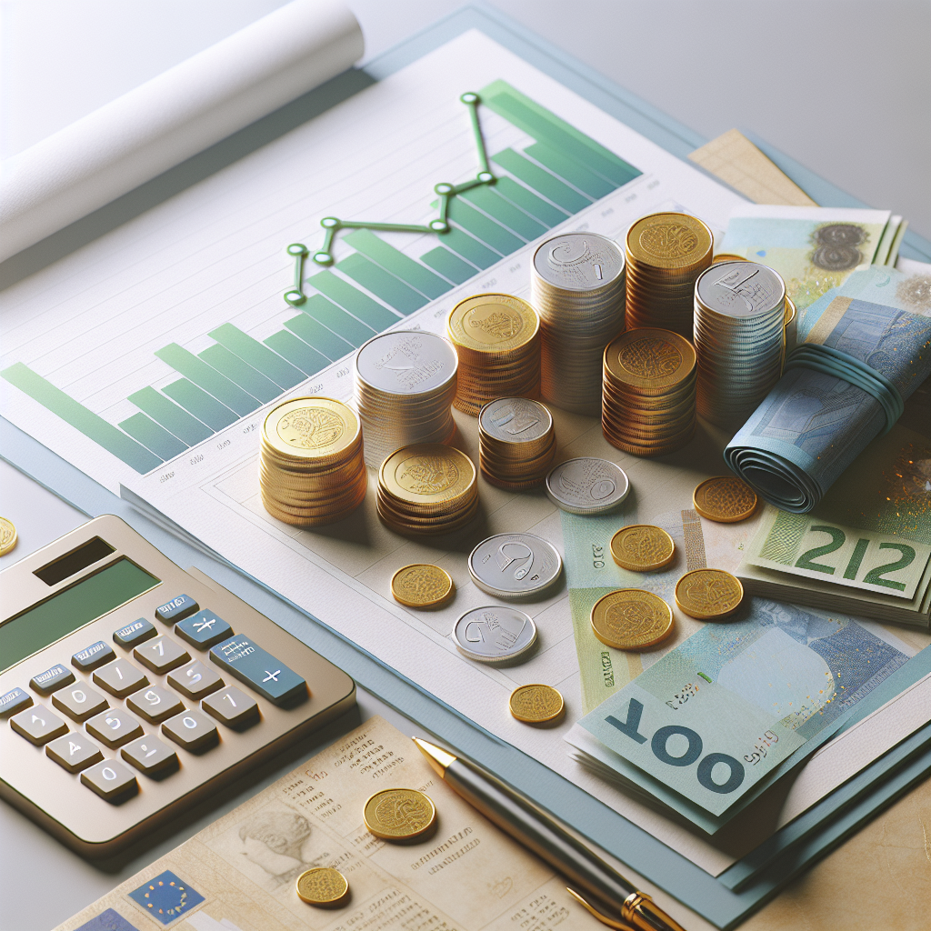 מטבעות, שטרות, אלמנטים של כסף דיגיטלי וגרף צמיחה כלכלית שמסמלים את היתרונות והפוטנציאל של פוליסות חיסכון לניהול והשגת מטרות כלכליות שונות.