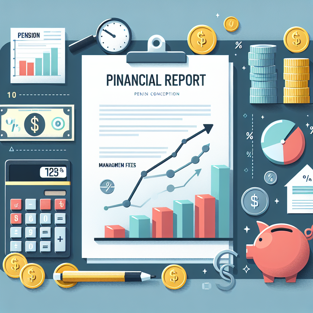 דוח פיננסי, מחשבון, מטבעות ושטרות כספים, גרף חיסכון עולה וסימני אחוזים – המחשה ויזואלית של דמי ניהול פנסיה, קרנות פנסיה ותכנון חיסכון פנסיוני