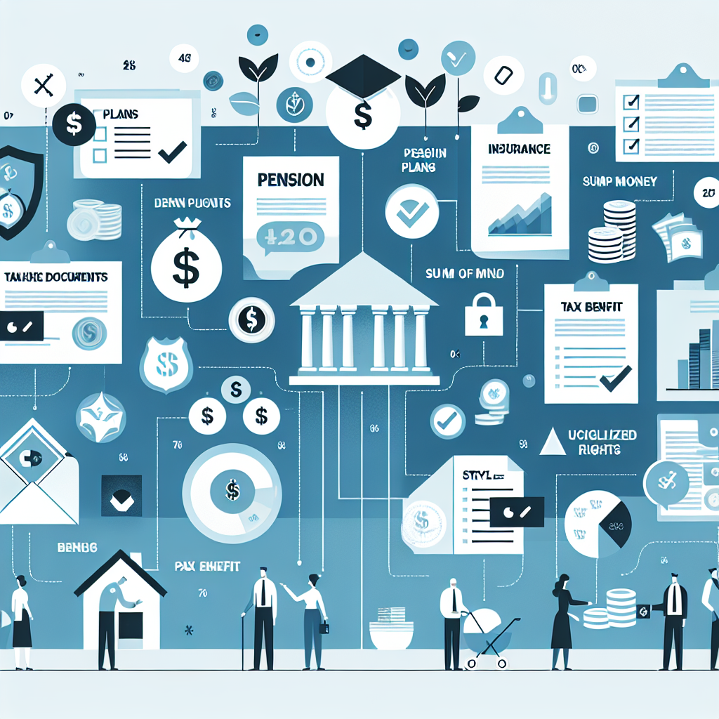 תרשים אינפוגרפי בנושא ביטוח פנסיה בישראל, כולל מסלולים שונים, מסמכי ביטוח, סמלי כסף והטבות מס, להמחשה ויזואלית של זכויות פנסיה והדרכים למימושן.