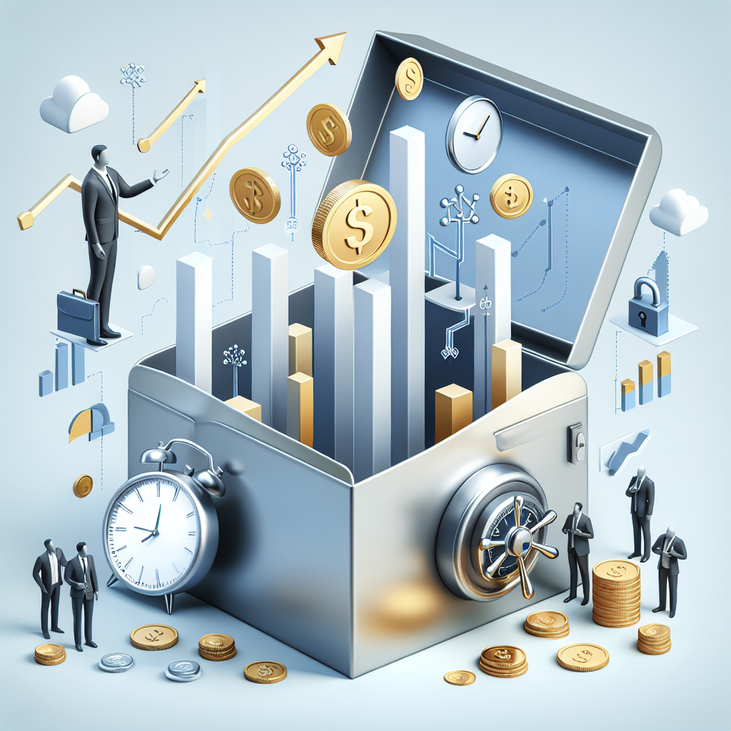 אייקונים של גרף עולה, מטבעות זהב, שעון וכספת מסמלים את היתרונות של פוליסות חיסכון – רווחיות, בטחון וגמישות פיננסית