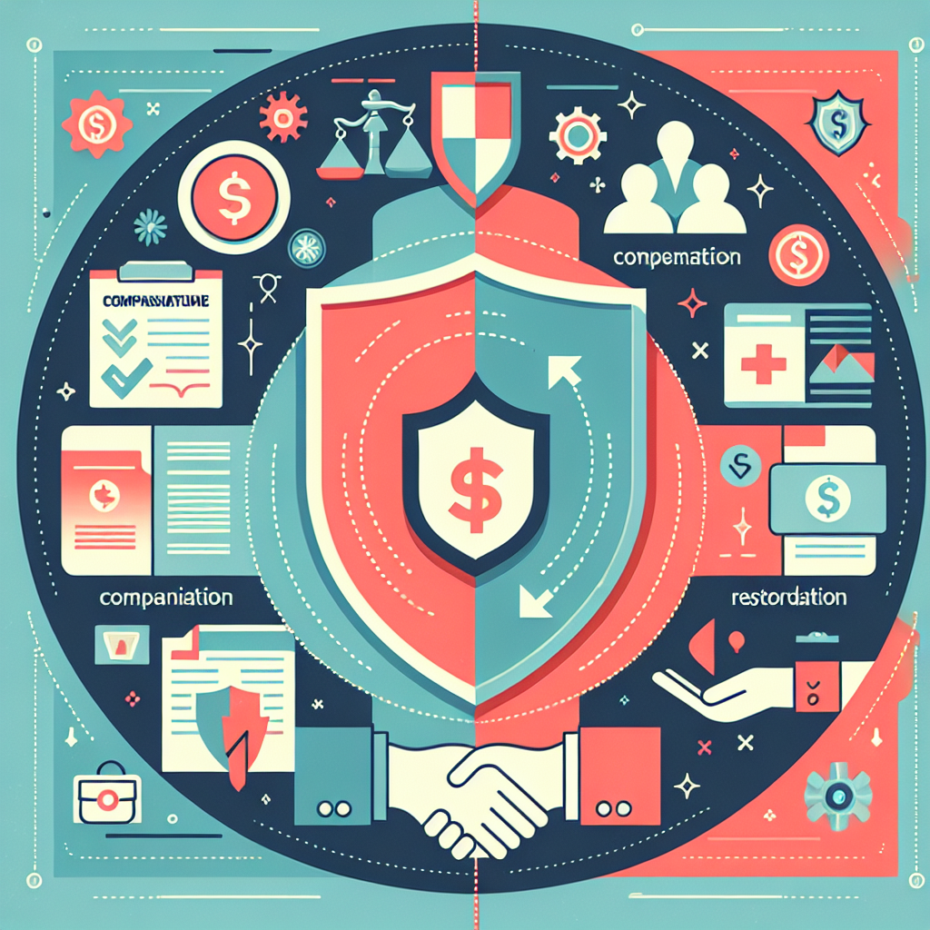 אינפוגרפיה המציגה את ההבדל בין ביטוח פיצוי לבין ביטוח שיפוי באמצעות סמלים של מגן, כסף ומסמך, מאפשרת הבנה מהירה של ההבדלים בין שני סוגי הביטוח