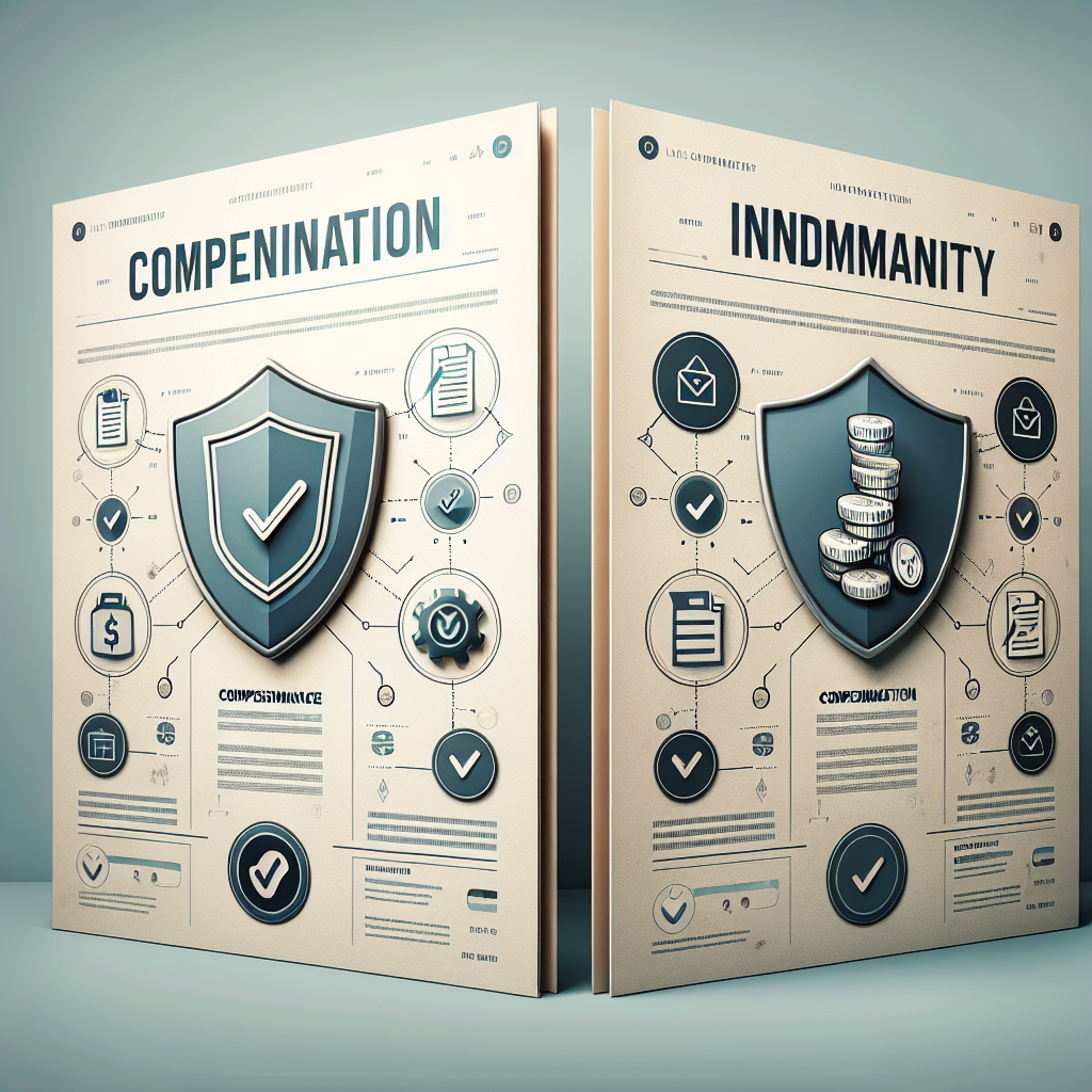 השוואה גרפית בין ביטוח פיצוי לביטוח שיפוי עם מסמכים וסמלי מגן וכסף, המדגישה את ההבדל בין סוגי הביטוחים והבטחון הכלכלי שהם מספקים