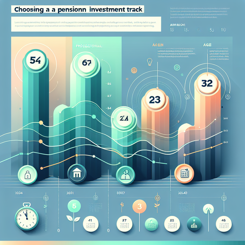אינפוגרפיקה של שלושה מסלולי השקעה בקרן פנסיה עם גרפים בצבעים שונים וסמלי גיל, המדגימה איך לבחור מסלול השקעה בקרן פנסיה לפי גיל ולחסוך עשרות אלפים