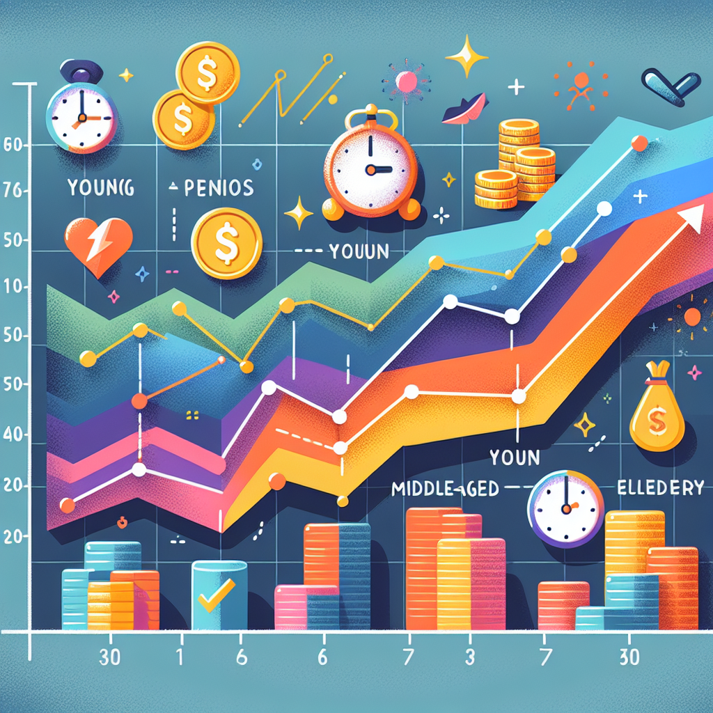 גרף צבעוני המציג מסלולי השקעה שונים בקרן פנסיה בהתאם לגיל, כולל סמלים של חיסכון, כסף ושעון, להמחשת בחירת מסלול השקעה לפי גיל